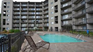 Pools and exterior view of the Olde Gatlinburg Place - Gatlinburg, Tennessee, USA